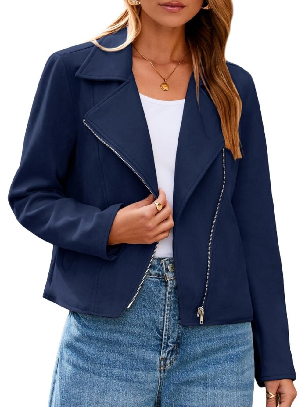 Women's Navy Blue Faux Suede Leather Long Sleeve Cropped Zipper Winter Jacket
